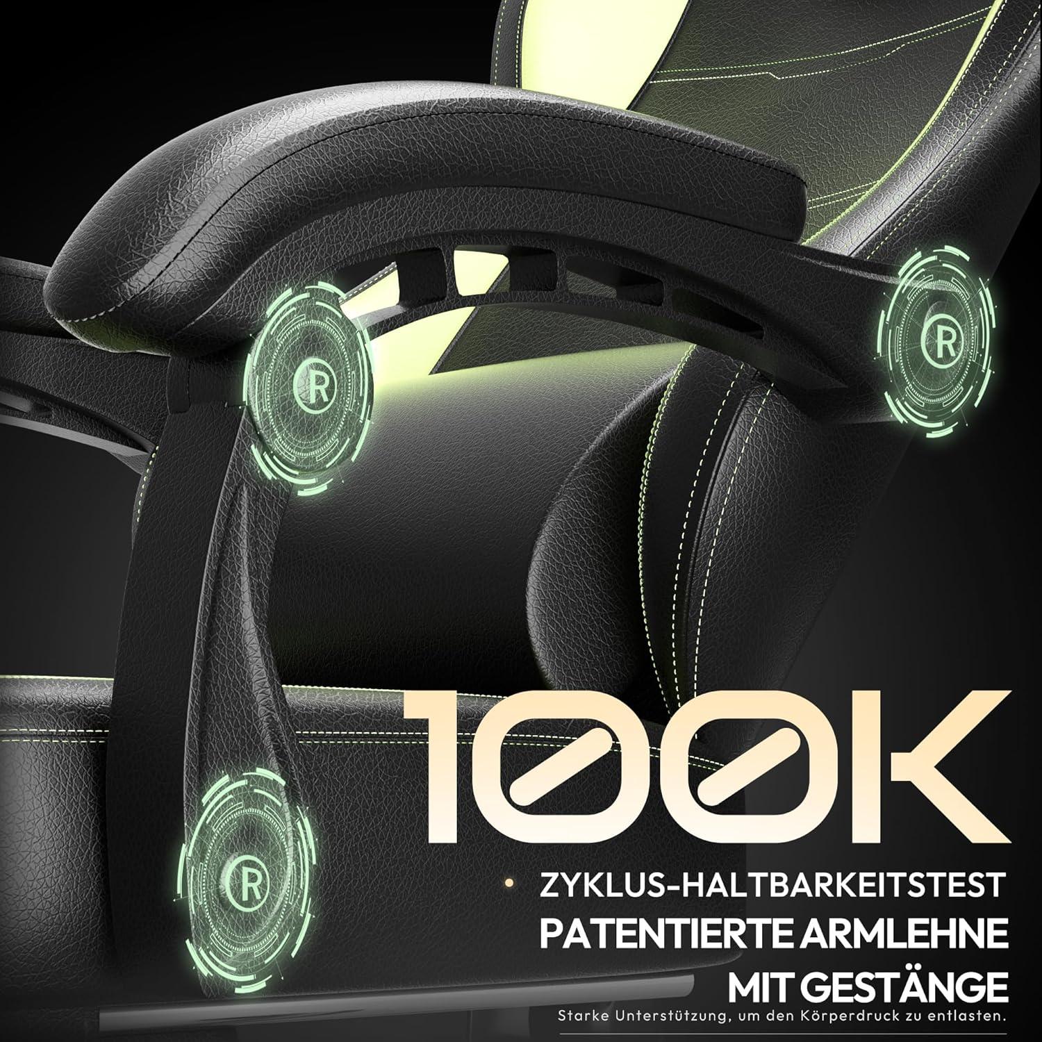 Dowinx Gaming Stuhl Racing Gamer Sessel PU Leder, Lendenwirbelstütze, Fußstütze, Grün