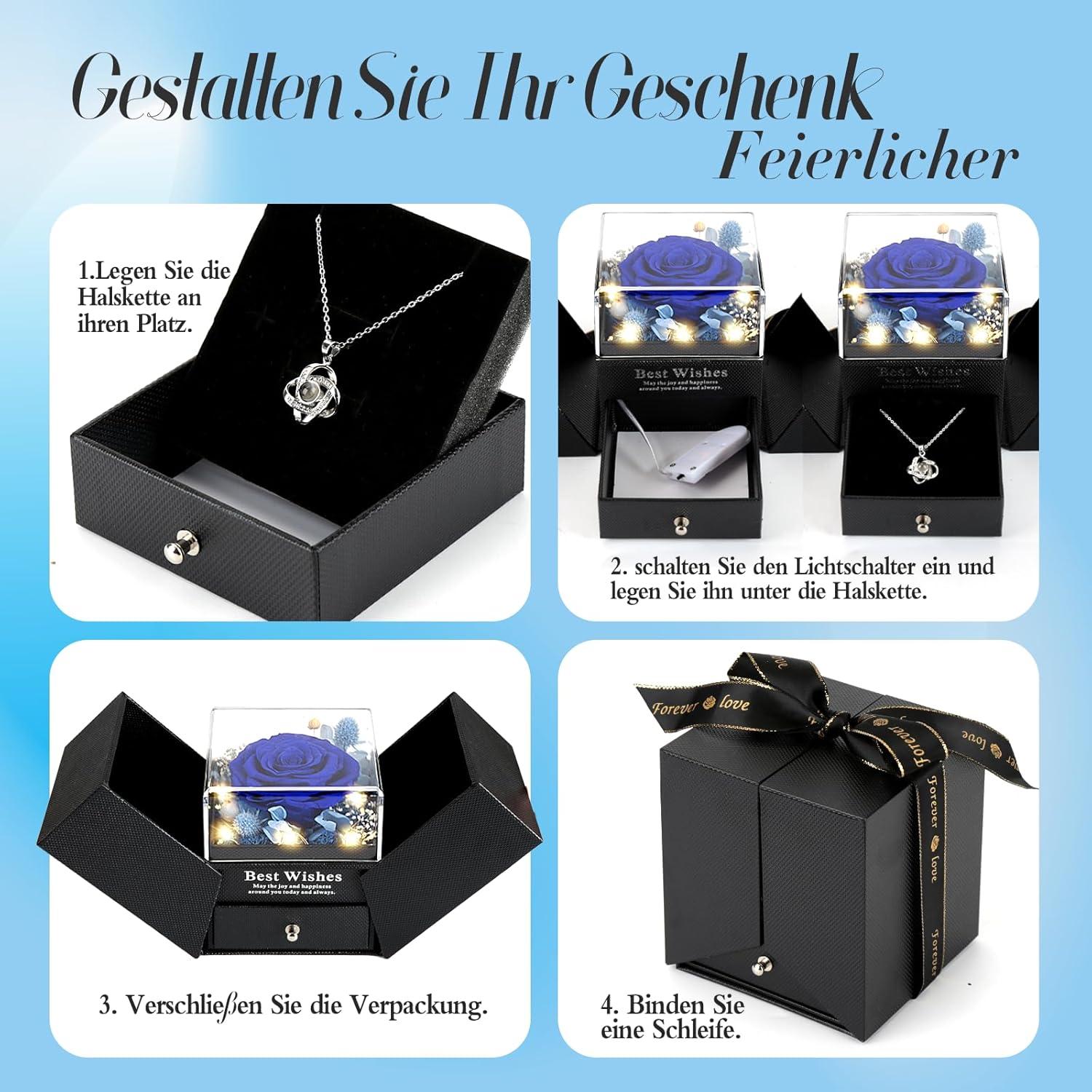 Blaue Ewige Rose Halskette Damen Infinity Echte Rose Geschenkbox