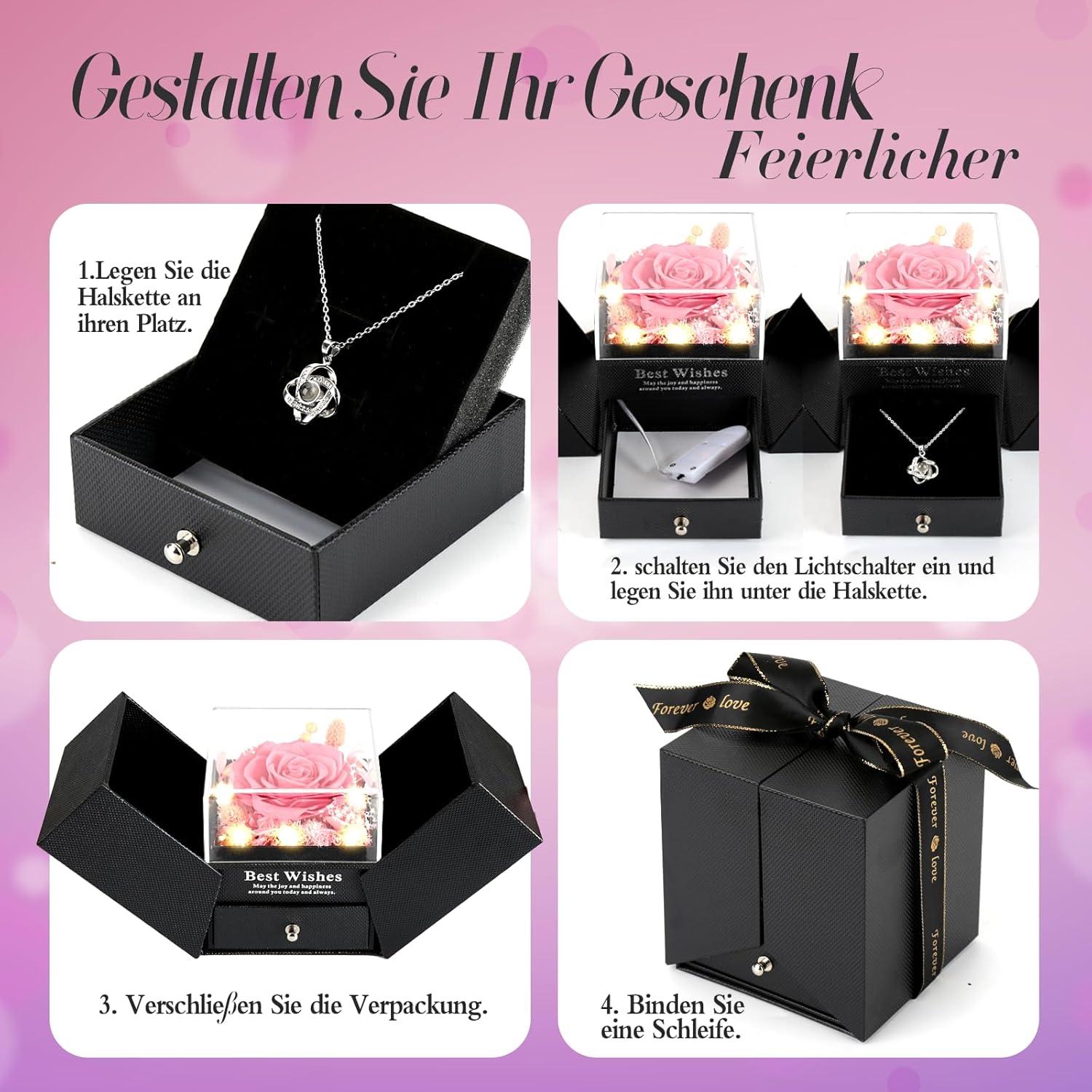 Ewige Rose Halskette Damen Infinity Schmuck Geschenkbox 100 Sprachen