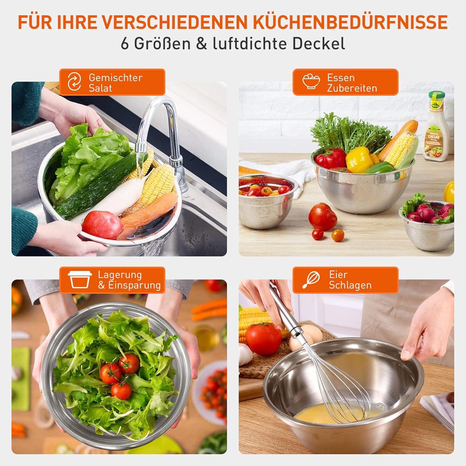 Edelstahl Salatschüssel Set 6er - Rührschüssel mit Deckel
