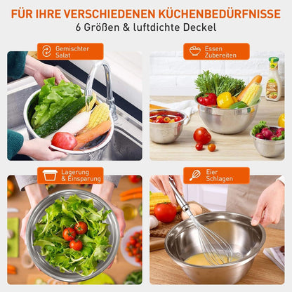 Edelstahl Salatschüssel Set 6er - Rührschüssel mit Deckel