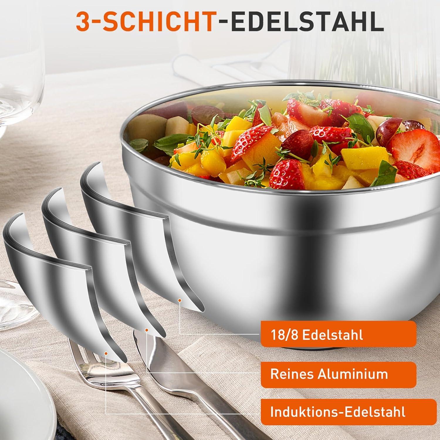 Edelstahl Salatschüssel Set mit Silikonböden und Deckel