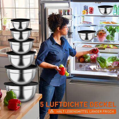 Edelstahl Salatschüssel Set 6-teilig Rührschüssel mit Deckel 4.7L 3.8L 2.8L 1.9L