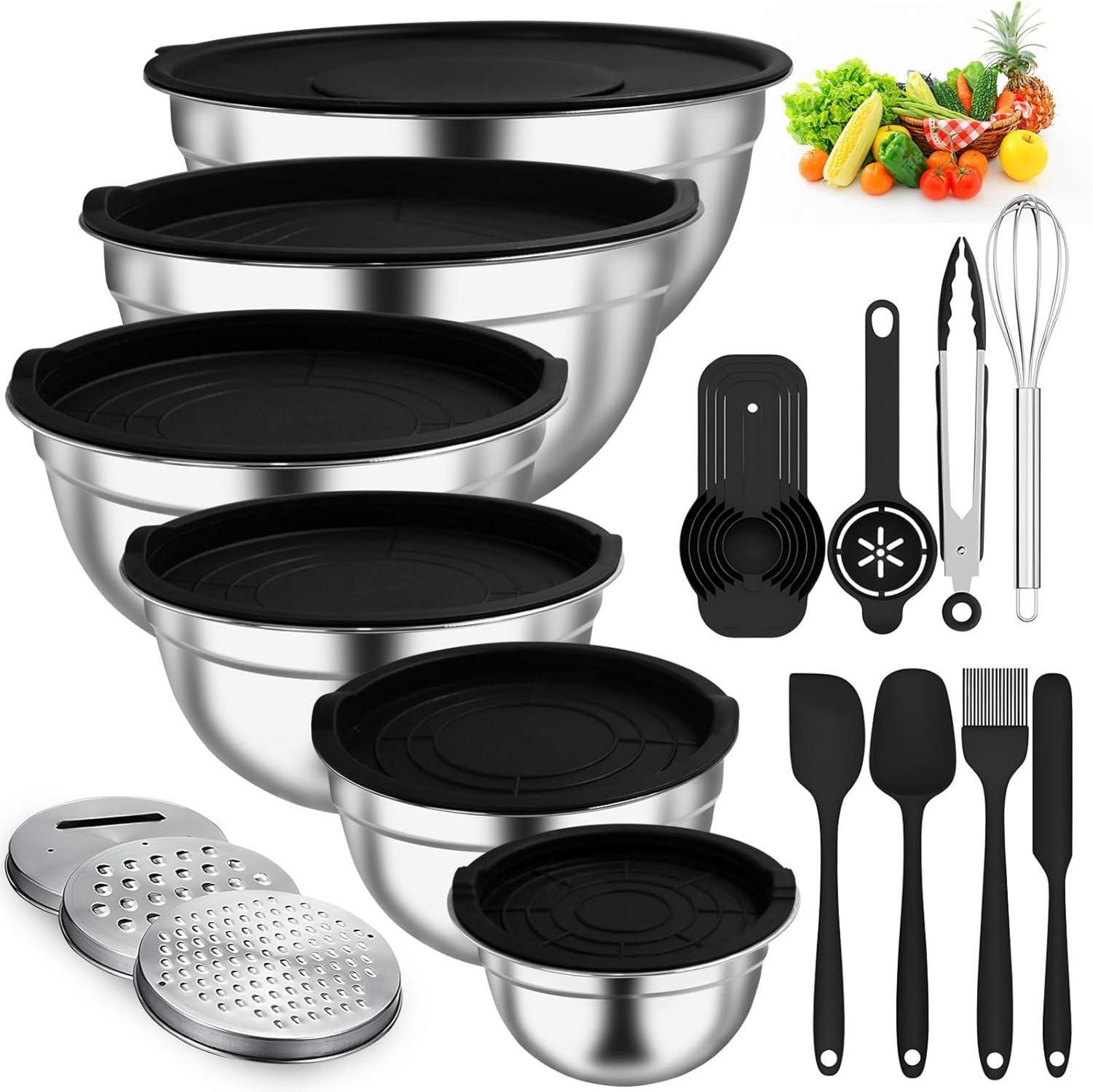 Edelstahl Salatschüssel Set mit rutschfesten Silikonböden und Deckel, 6-teilig