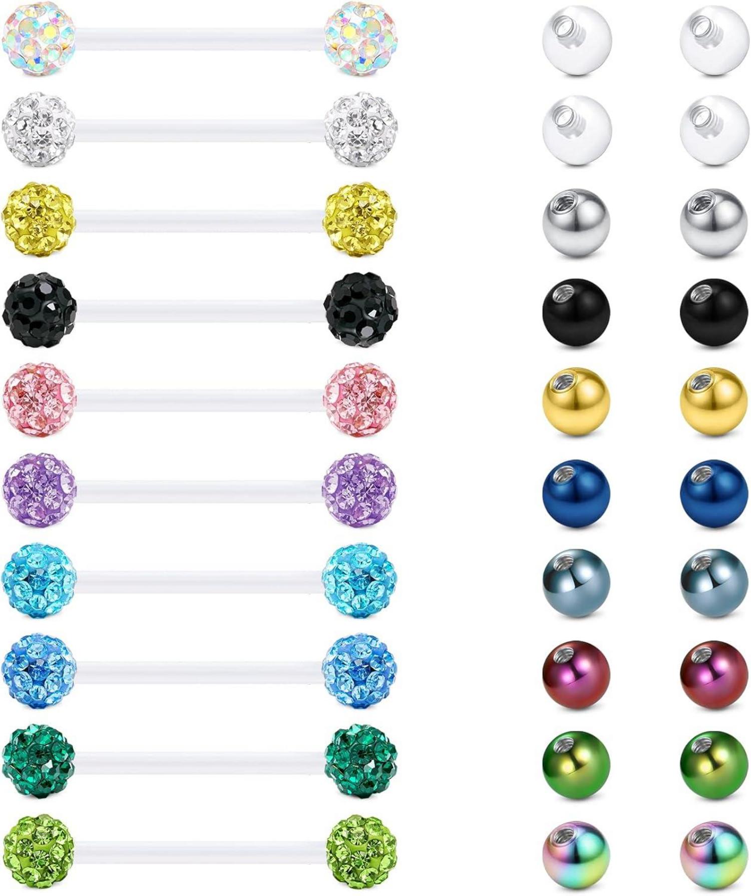 Zungenpiercing Kunststoff Klar Bioflex 12-38mm Brustwarzenstäbe 14g