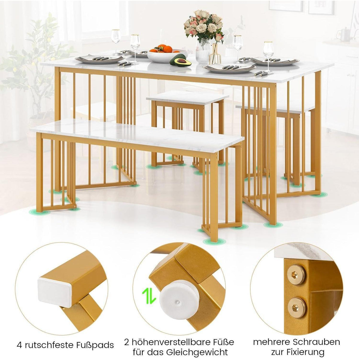 Esszimmer Set 4-teilig mit Marmoroptik & Barhockern