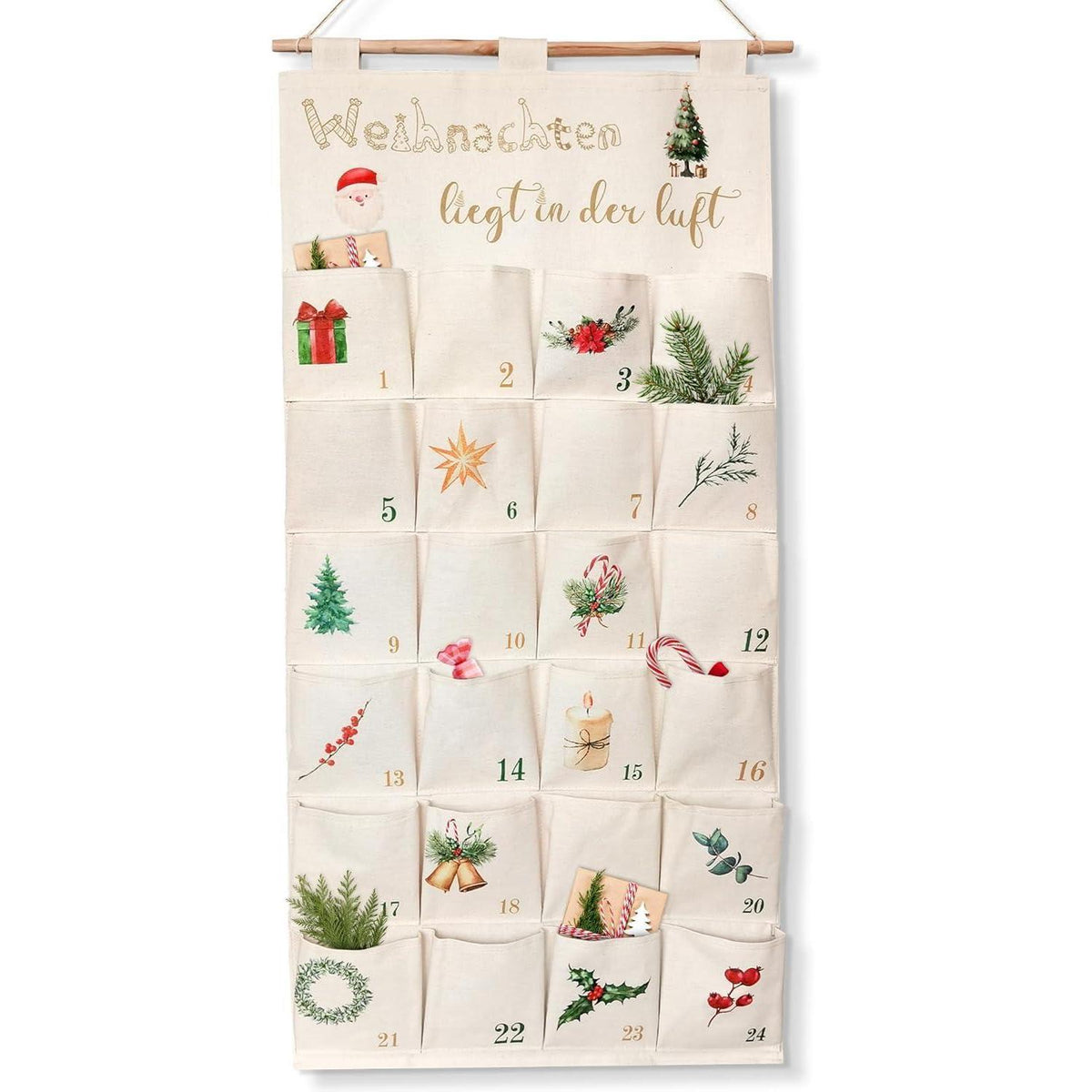Adventskalender Stoff zum Aufhängen, 24 Fächer, Beige