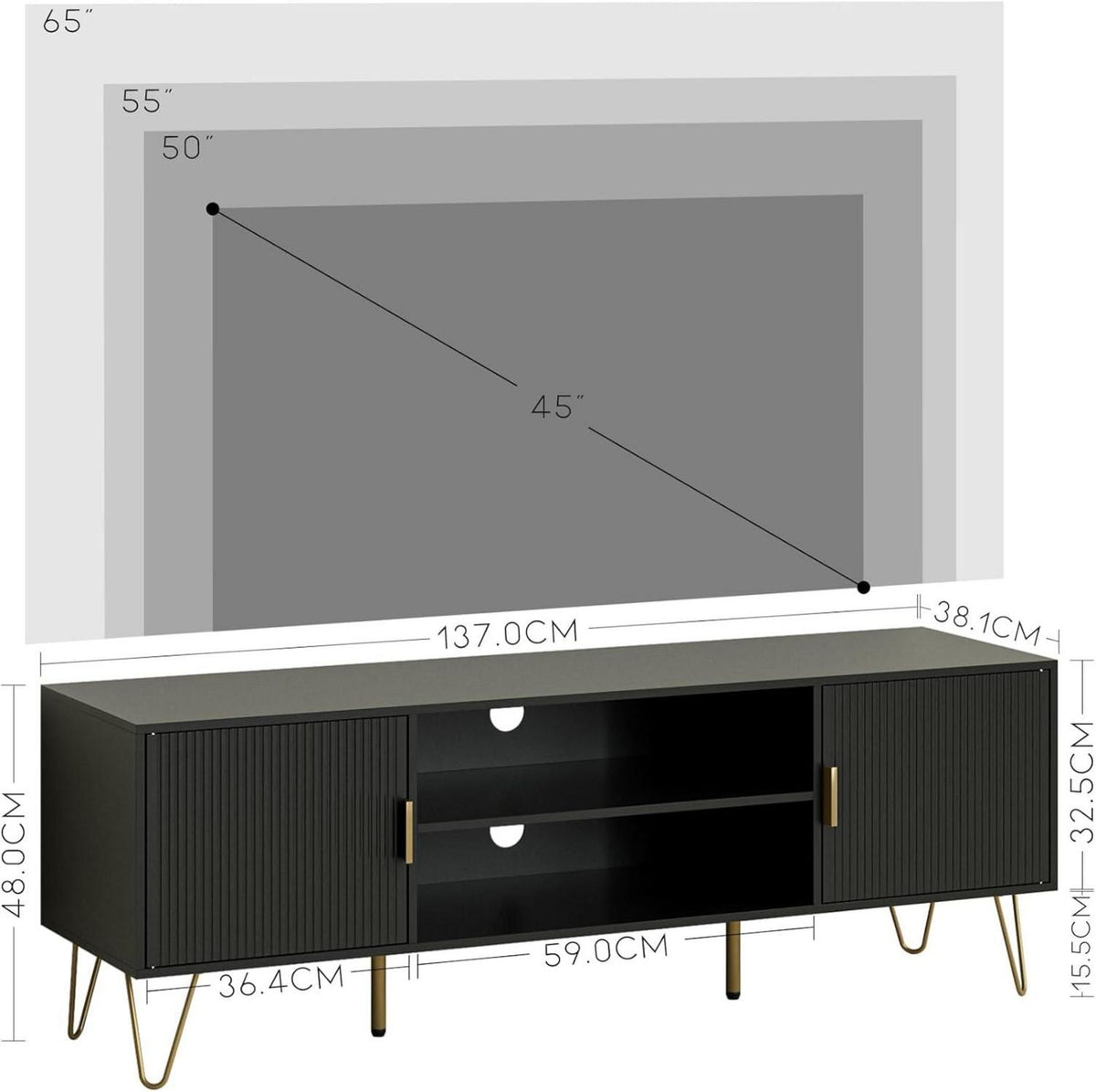 TV Lowboard für TV bis 60 Zoll Schwarz 137x38x48 cm mit 2 Schränken