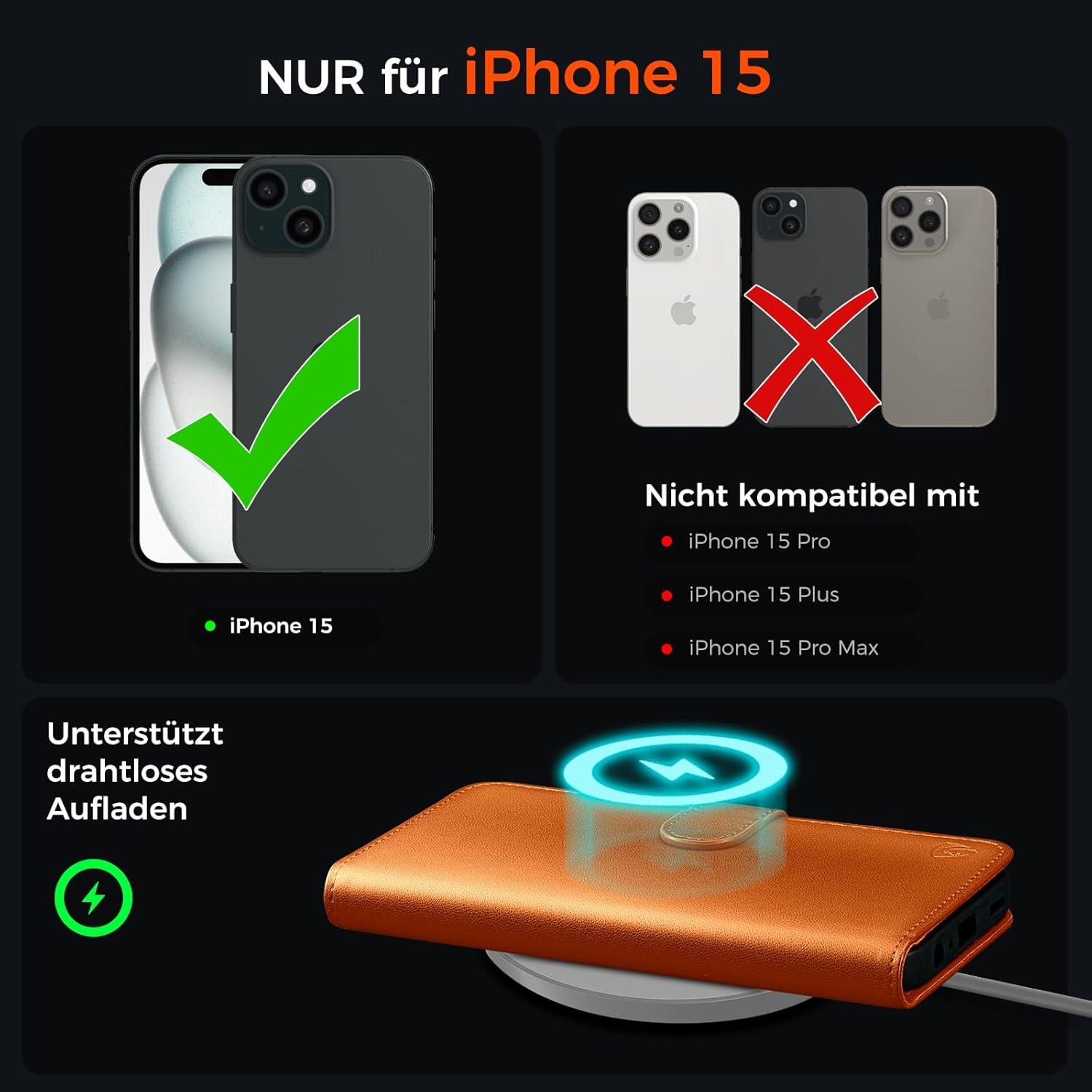EASDNB iPhone 15 Klapphülle in Orange mit RFID und Standfunktion