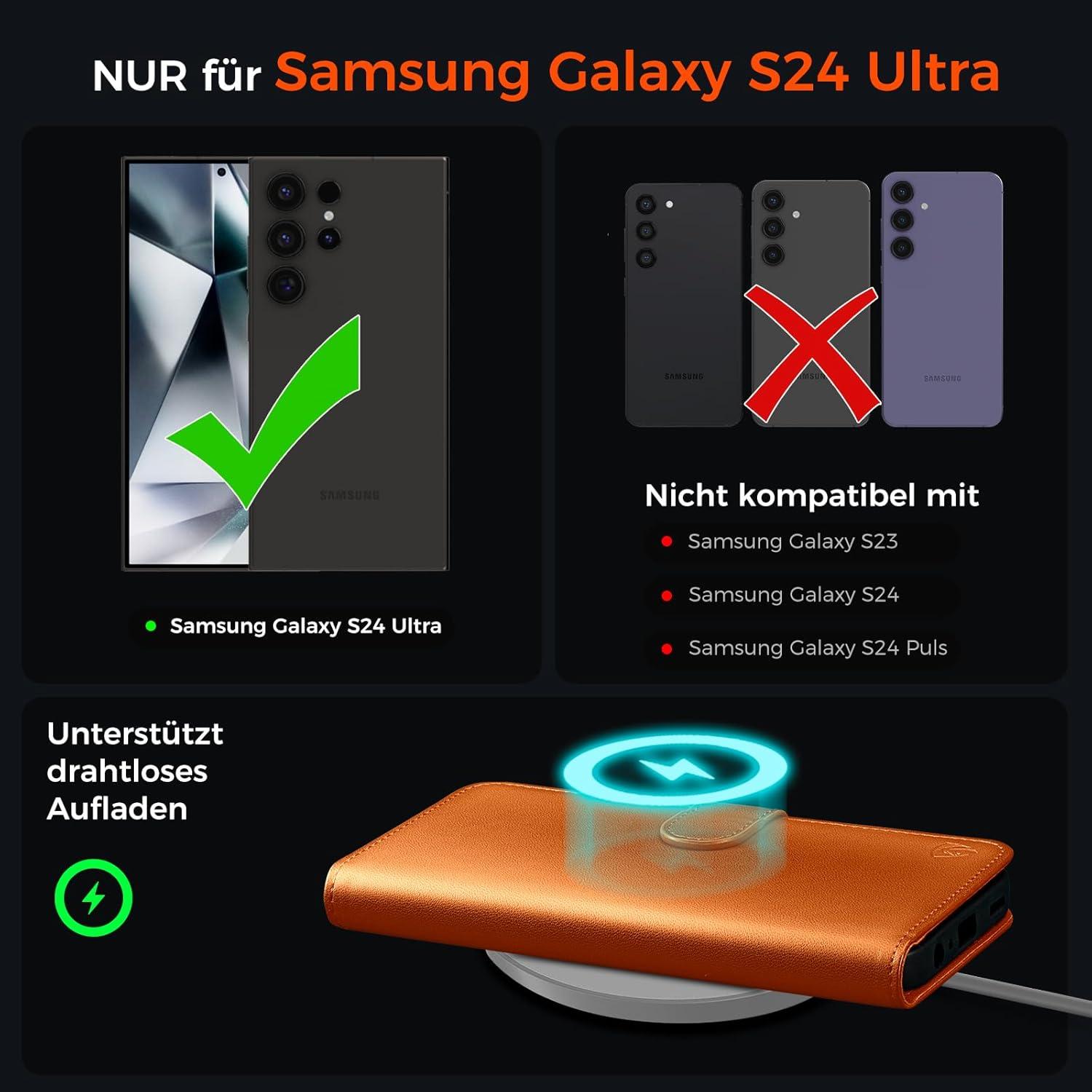 EASDNB Samsung Galaxy S24 Ultra Hülle Wallet Orange Magnet Standfunktion