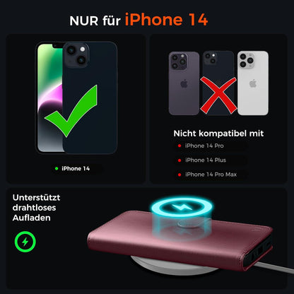 iPhone 14 Handyhülle Weinrot RFID Schutz Standfunktion Magnetverschluss