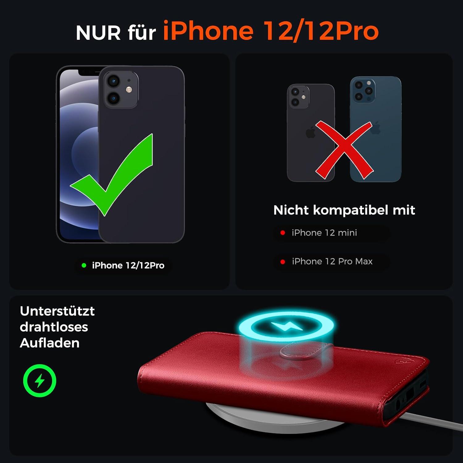 Hülle iPhone 12 Pro Rot PU-Leder RFID Stand Panzer Schutz Glas