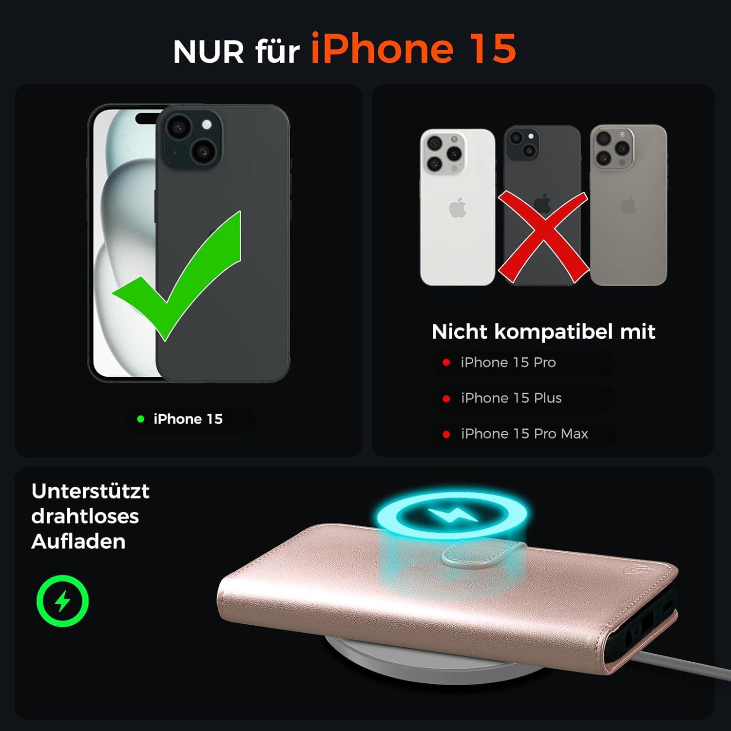 iPhone 15 Handyhülle Roségold Leder Klapphülle mit RFID Blocker - Standfunktion