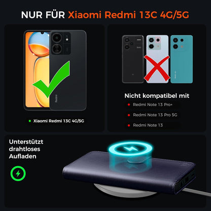 Xiaomi Redmi 13C Handyhülle Blau RFID Schutz Glas Standfunktion