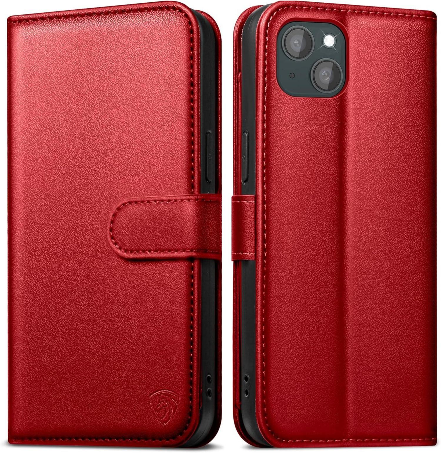 Handyhülle iPhone 15 Leder RFID Panzer Glas Rot