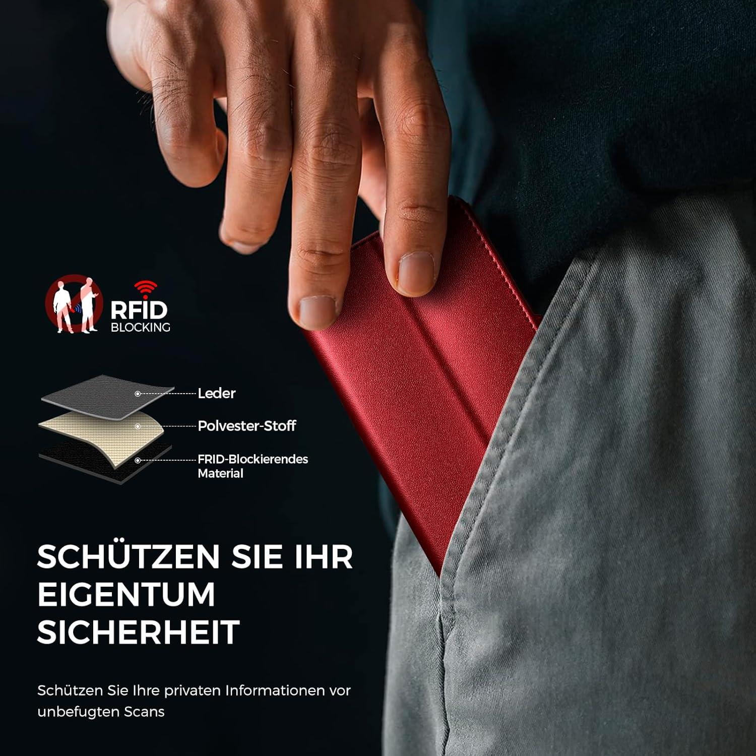 EASDNB iPhone 15 Handyhülle Rot Lederhülle 6 Kartenfächer RFID Schutz Standfunktion