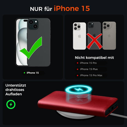 EASDNB iPhone 15 Klapphülle Stoßfest mit Kartenfächer Rot