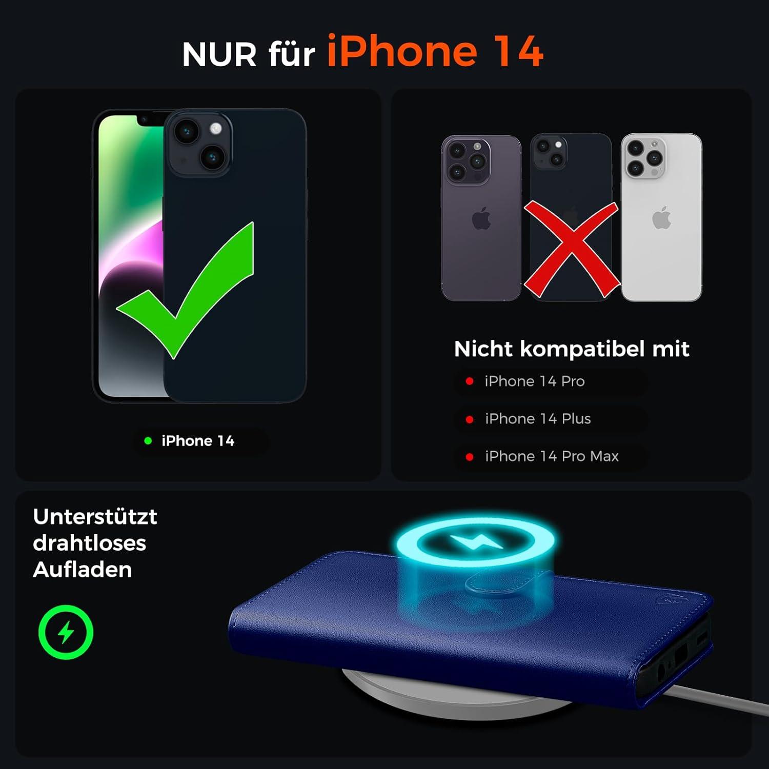 EASDNB iPhone 14 Handyhülle Königsblau Lederhülle Panzer Schutz Stand