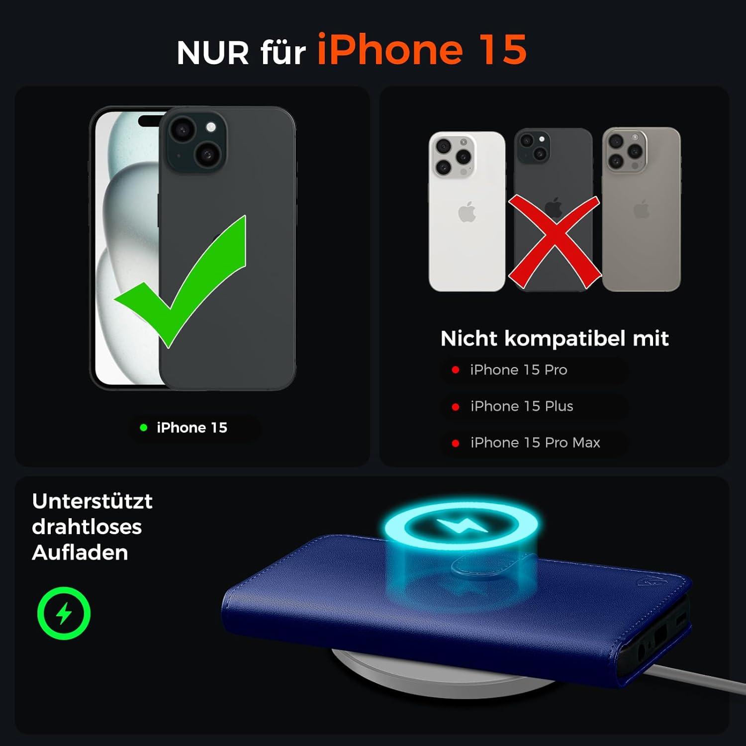 EASDNB iPhone 15 Klapphülle Leder Kartenfächer Standfunktion Schutz Glas