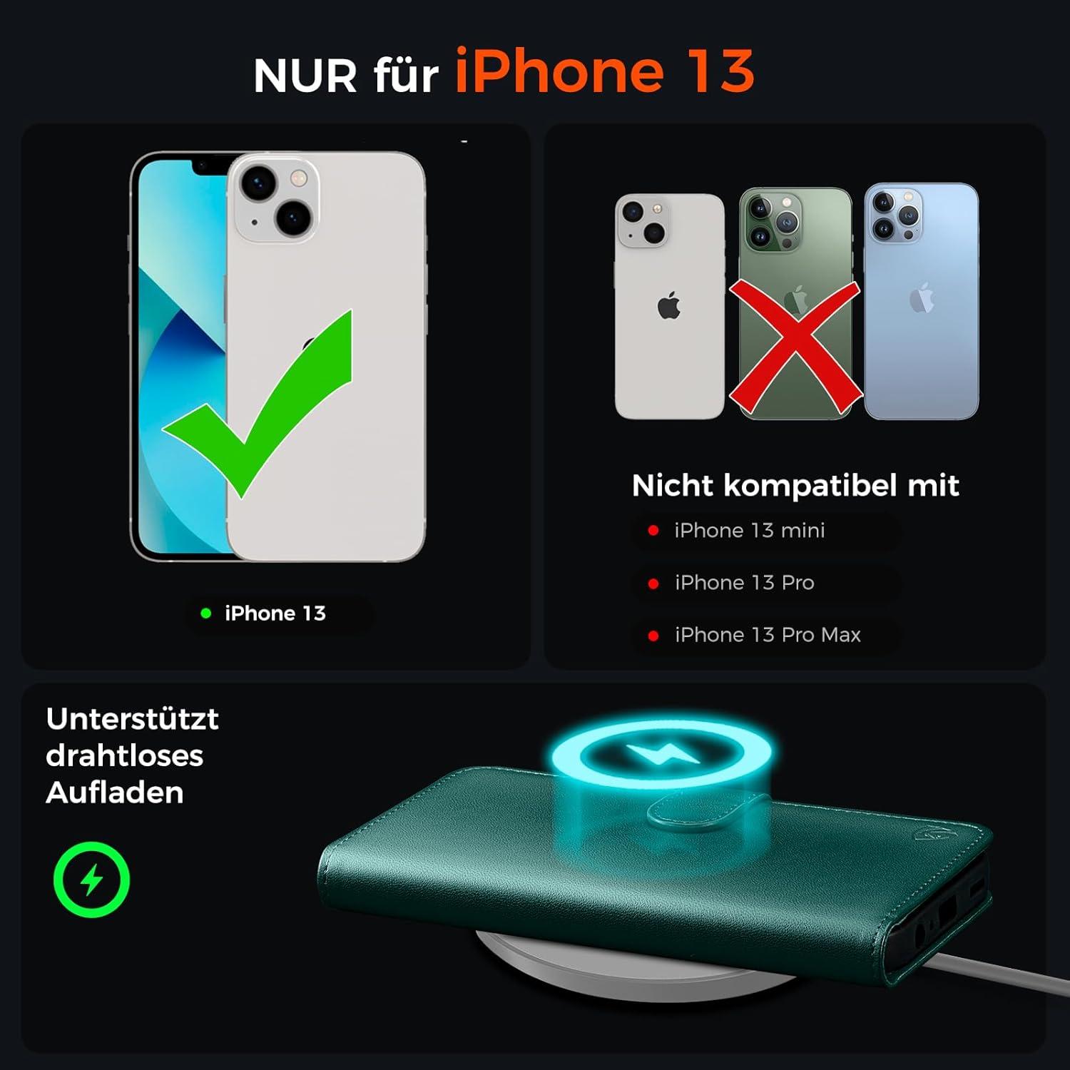 EASDNB iPhone 13 Klapphülle Panzer Schutz Glas Kartenfächer RFID Grün