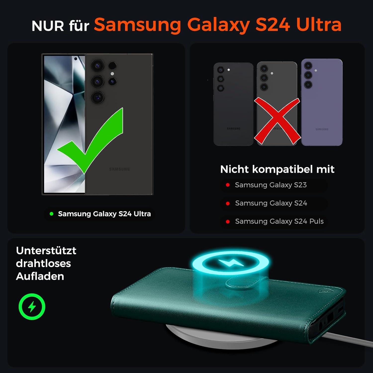 Samsung Galaxy S24 Ultra 5G Handyhülle Leder Wallet Klappbar Grün