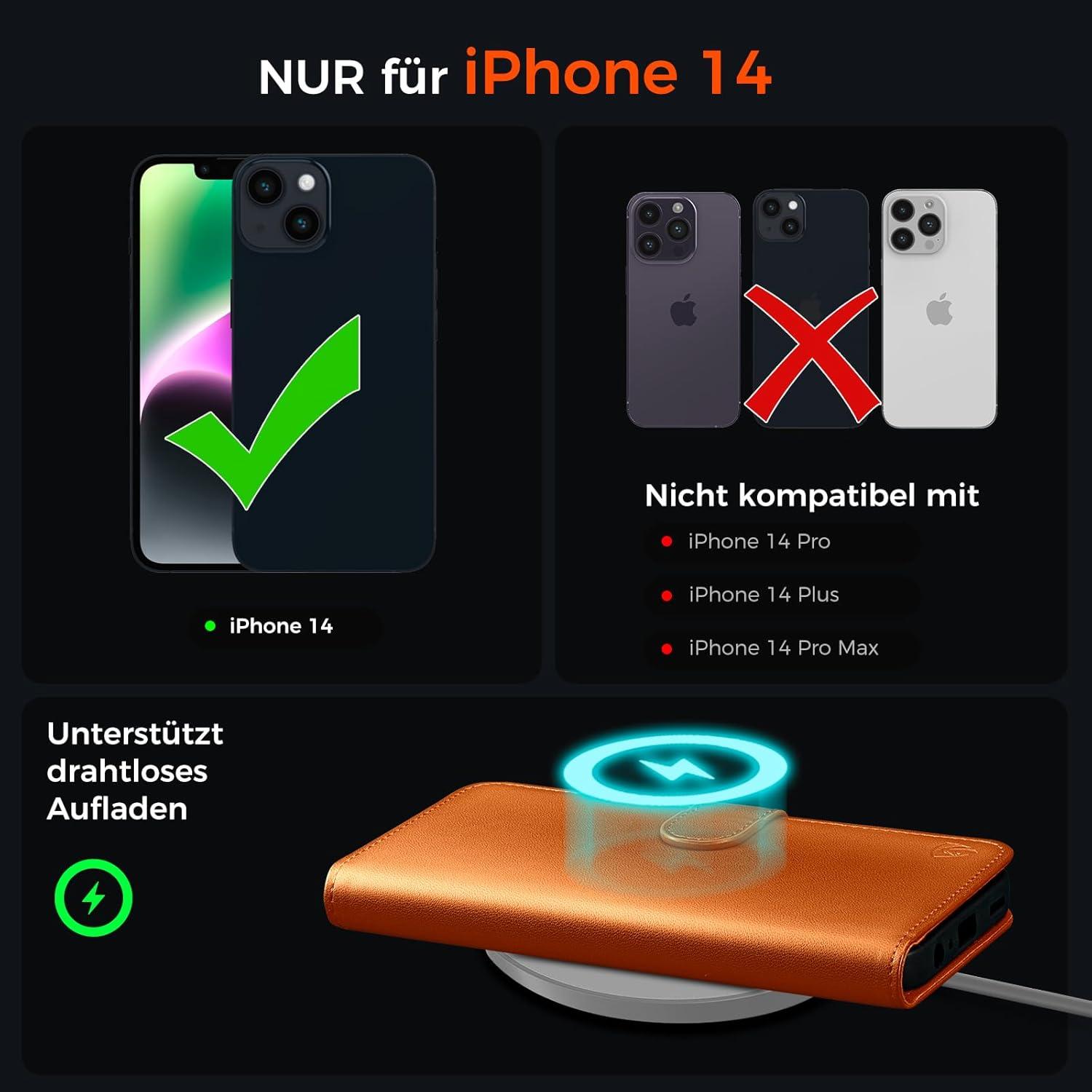 Handyhülle für iPhone 14 Lederhülle mit Panzer Schutz Glas Orange