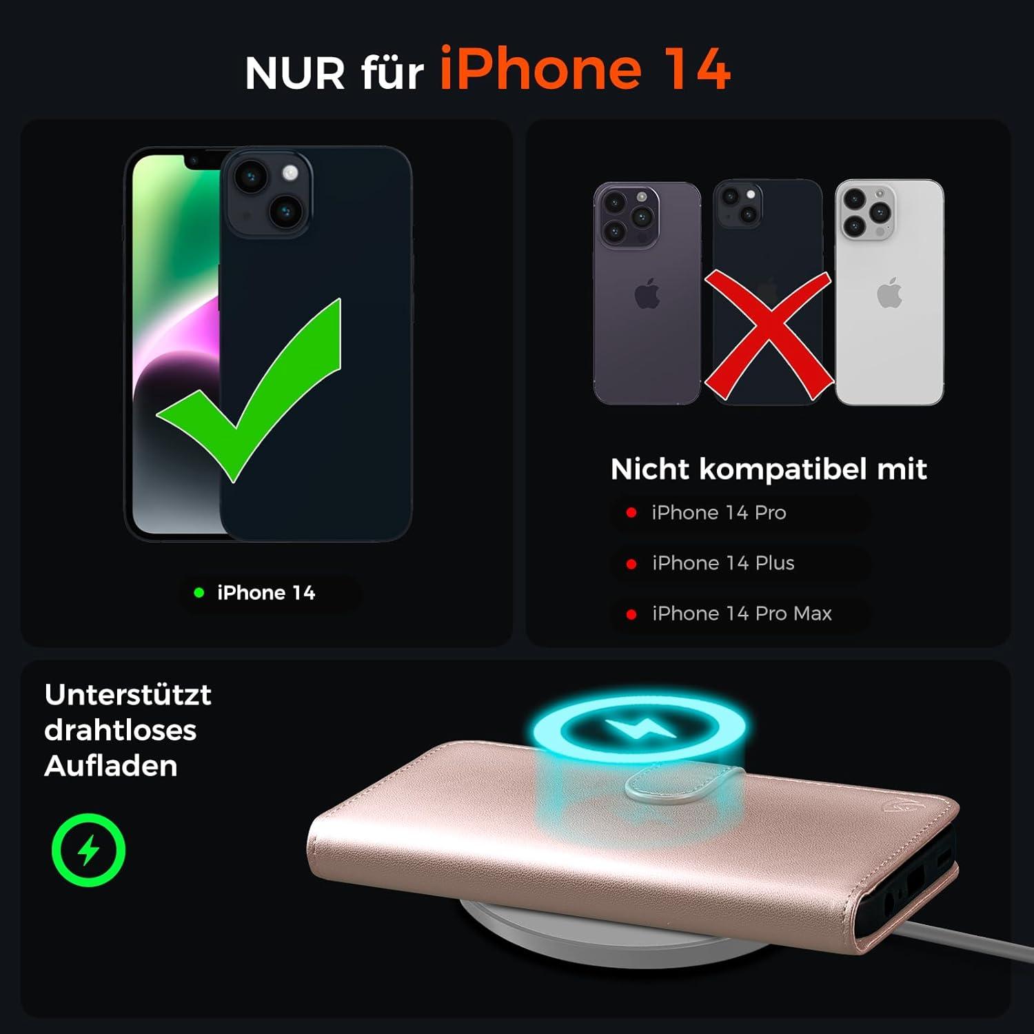 EASDNB iPhone 14 Klapphülle mit Panzer Glas Roségold RFID Schutz