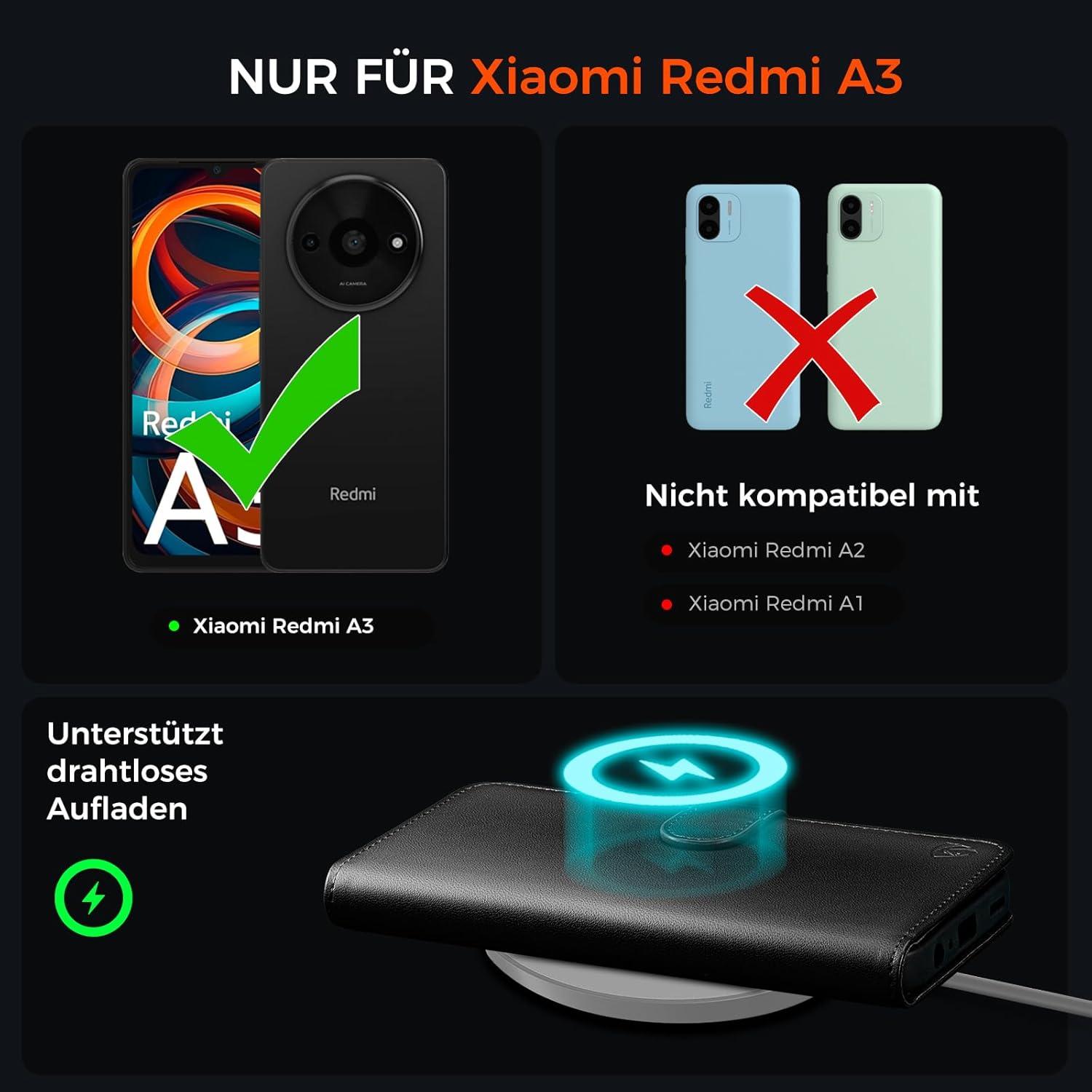Handyhülle für Xiaomi Redmi A3 Lederhülle mit Glas RFID Schwarz