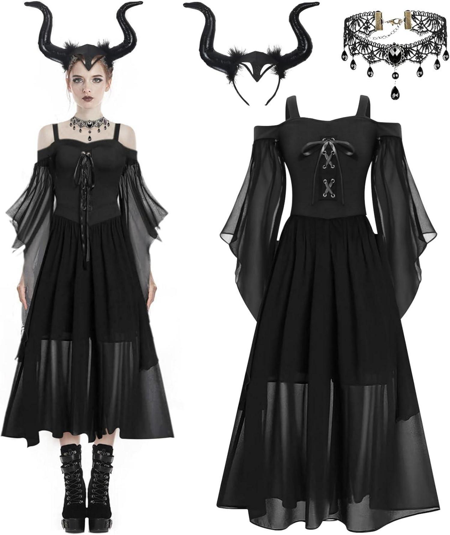 Gothic Halloween Damen Kleid Kostüm Mittelalter Schwarz Trompetenärmel