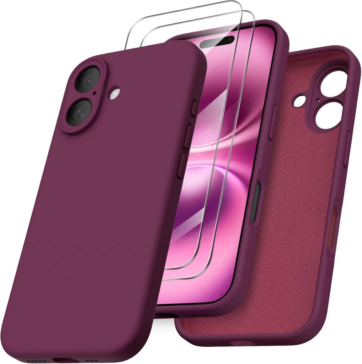 iPhone 16 Hülle Kameraschutz 2 Schutzfolien flüssiges Silikon Weinrot