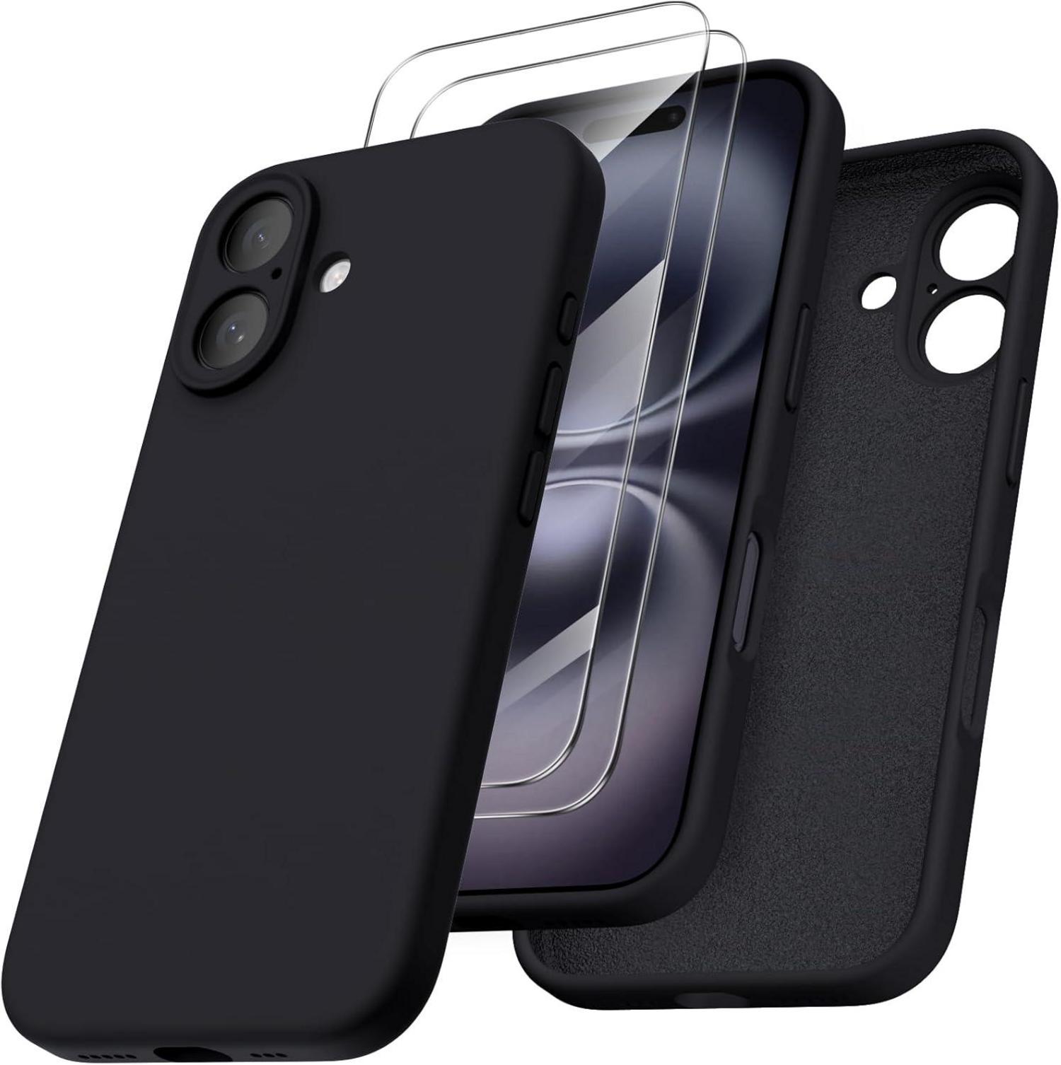 iPhone 16 Hülle mit Kameraschutz und 2 Schutzfolien - Schwarz