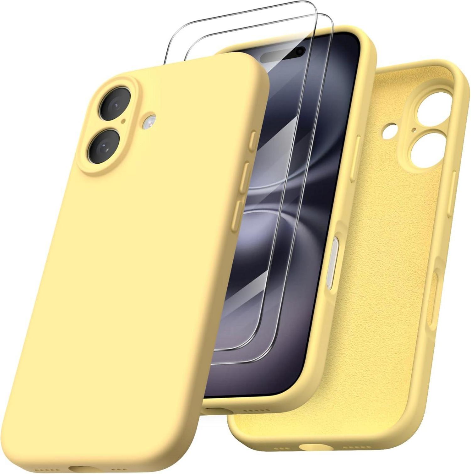 iPhone 16 Silikon Hülle mit Kameraschutz und Schutzfolien Gelb