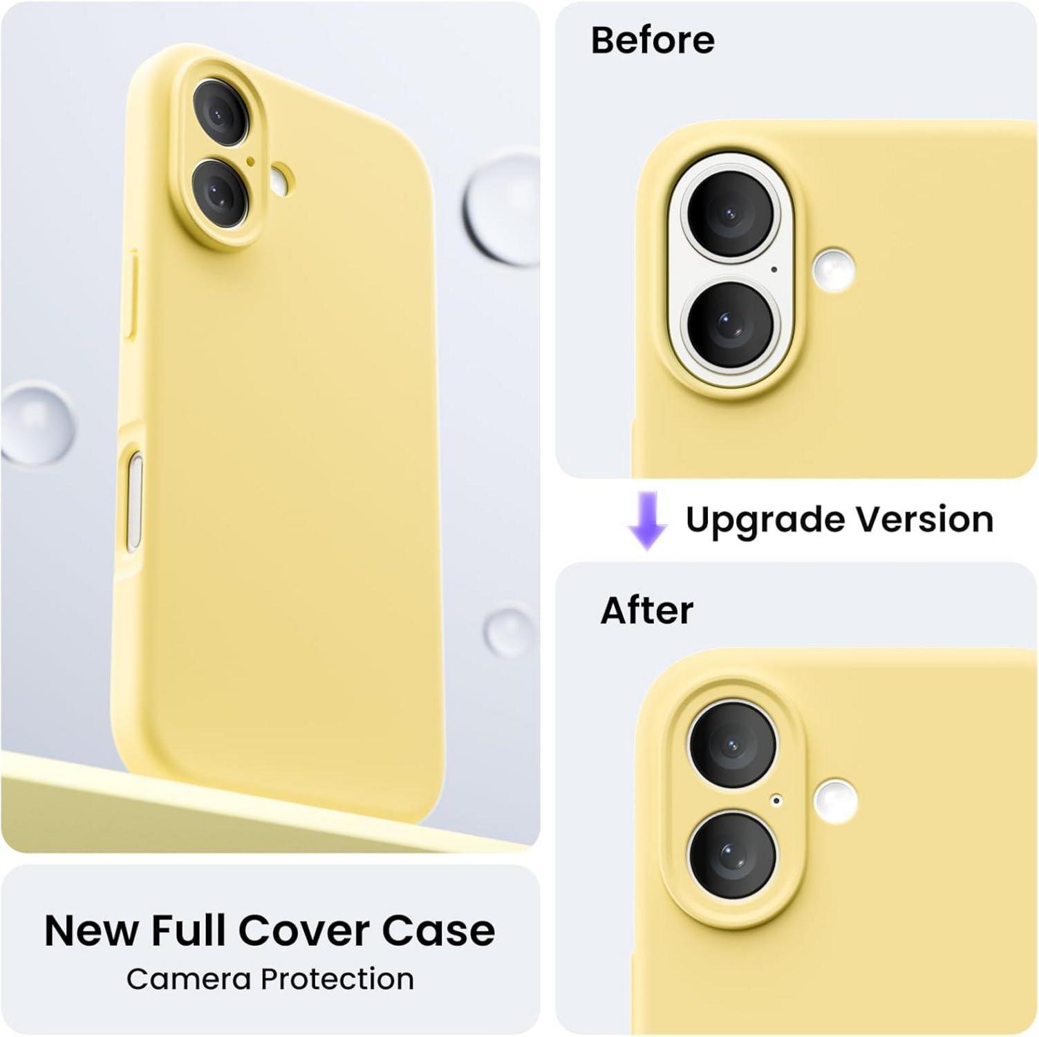 iPhone 16 Hülle mit Kameraschutz und 2 Schutzfolien, flüssiges Silikon, stoßfeste Schutzhülle 6.1 Zoll - Leicht Gelb