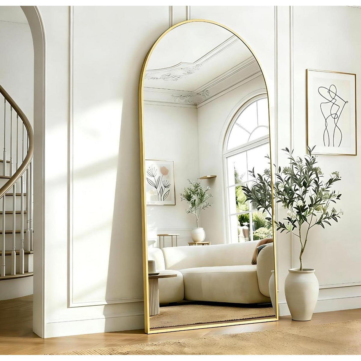 Großer Gewölbter Standspiegel mit Goldrahmen – 180 x 66 cm