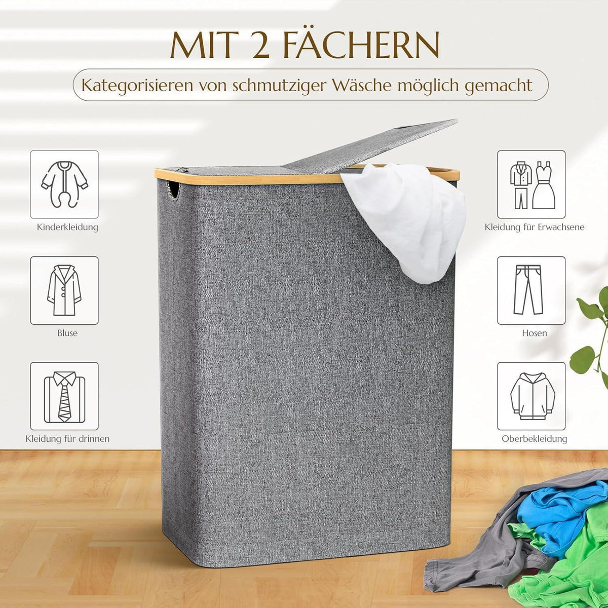Wäschekorb mit Deckel & Wäschesack – 140L, Grau