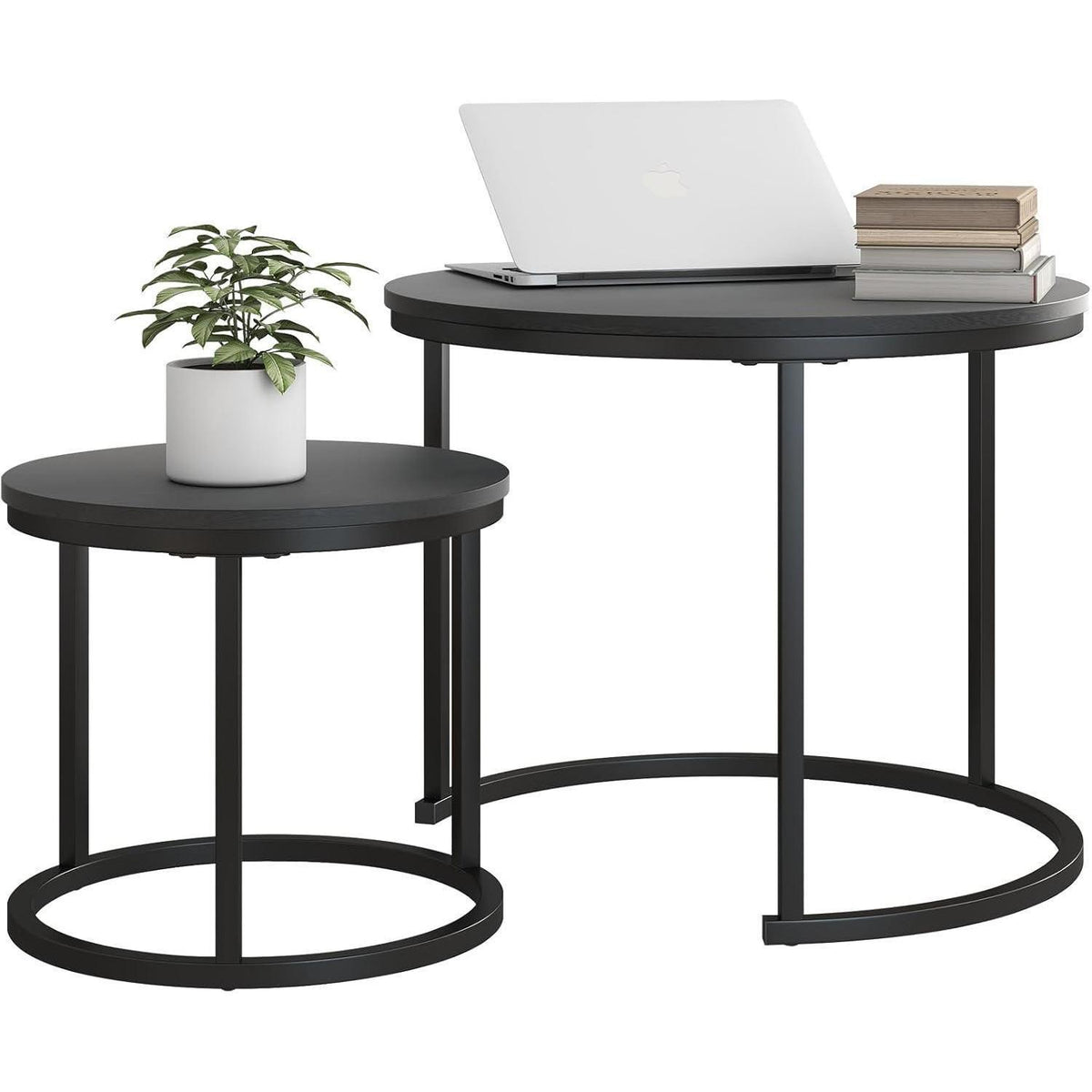 Runder Couchtisch 2er-Set, stapelbar, Holzoptik Schwarz