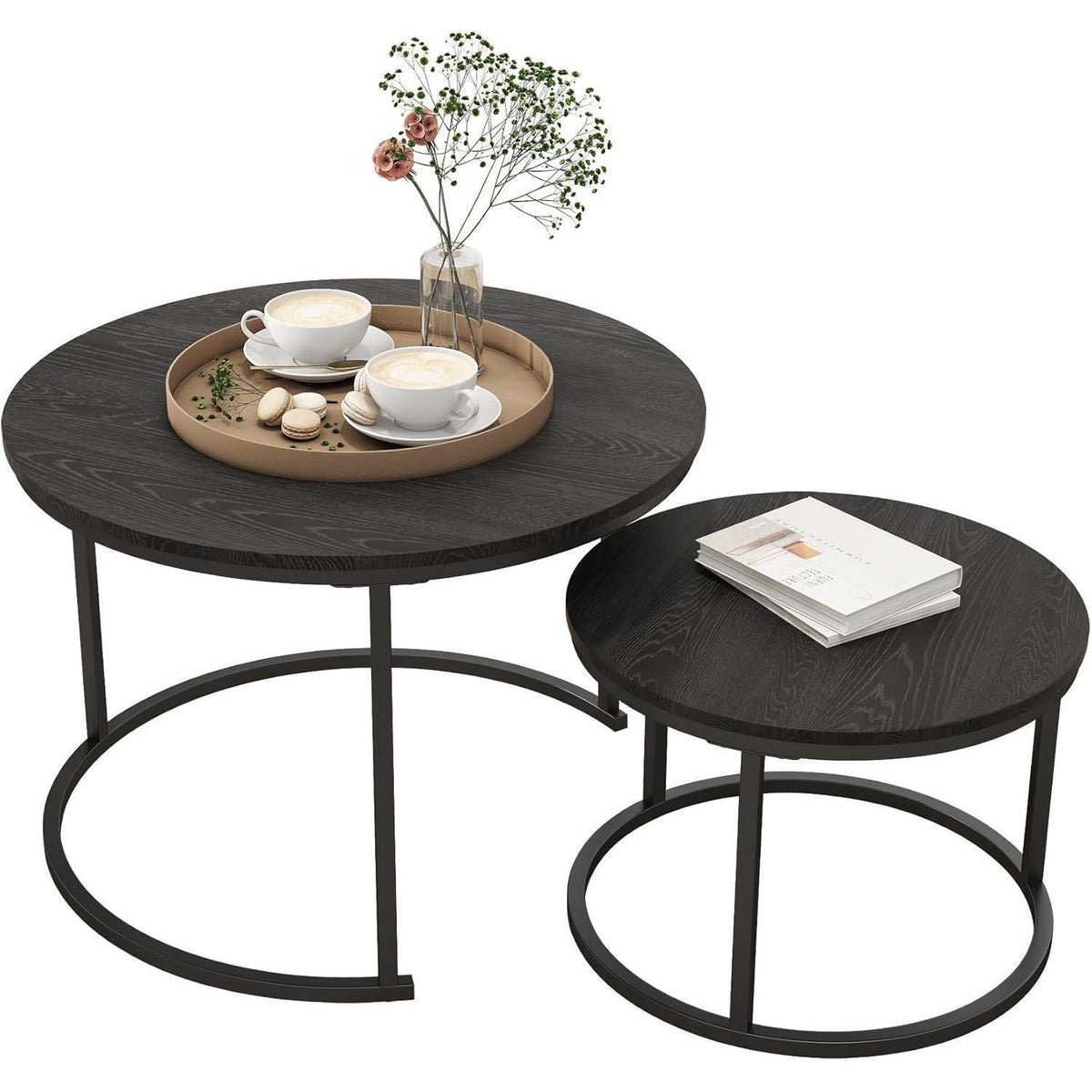 Runder Couchtisch 2er-Set, stapelbar, Holzoptik Schwarz