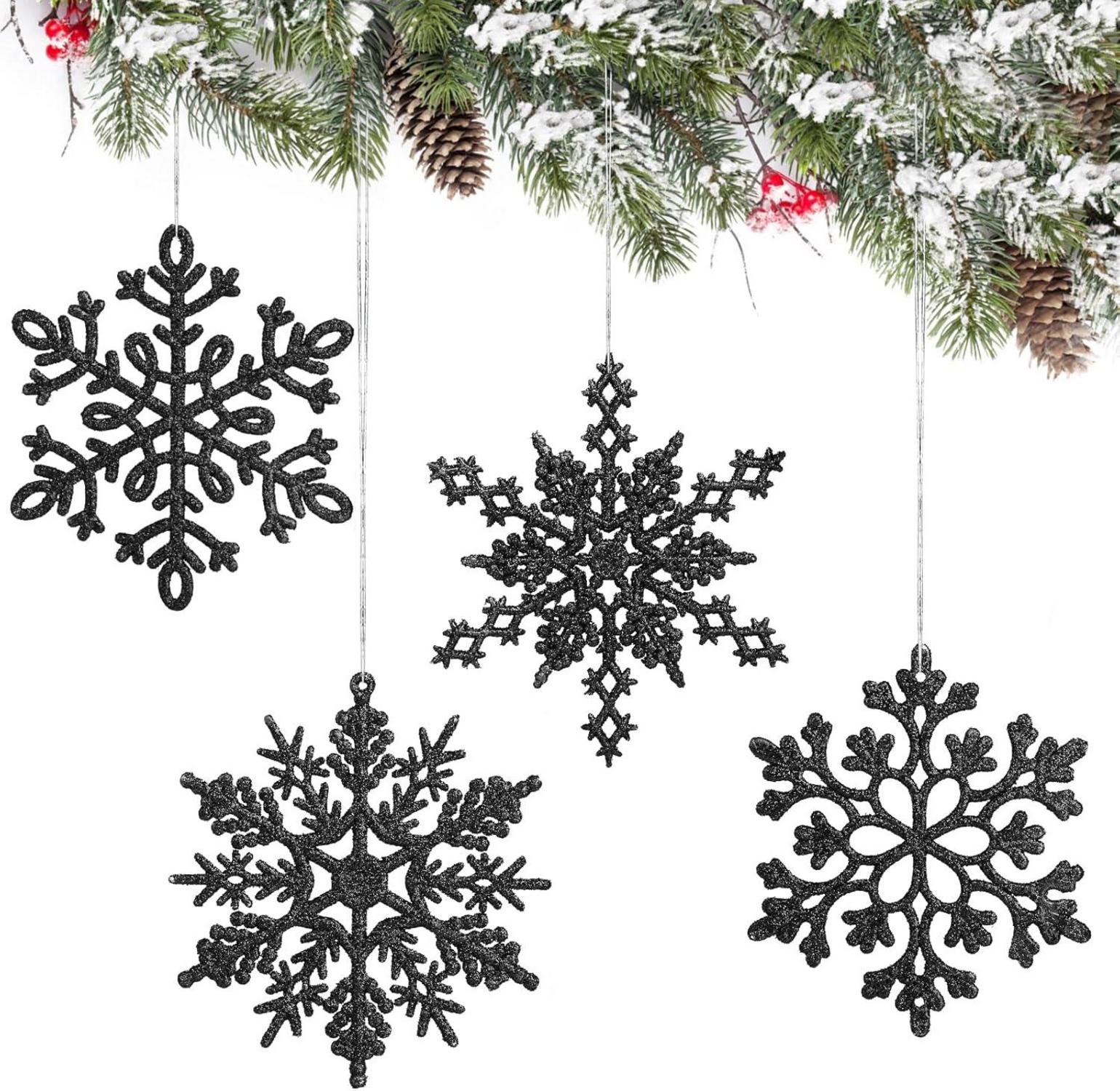 24er Schneeflocken Deko Set Schwarz Glitzer Weihnachten