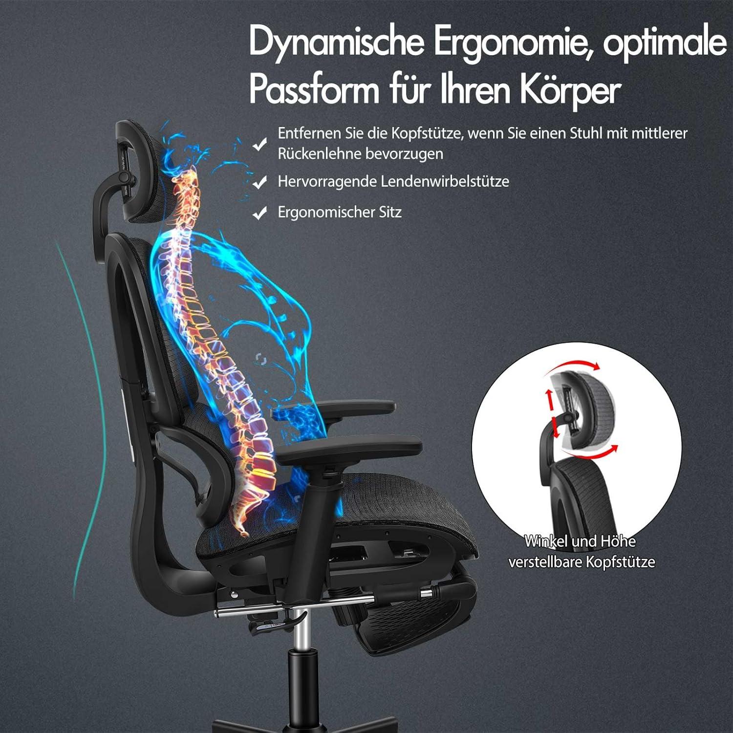 Ergonomischer Bürostuhl mit Lordosenstütze und Kopfstütze - Schwarz
