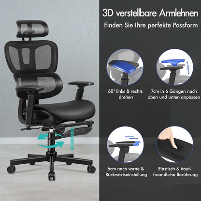 Ergonomischer Bürostuhl Netz Schwarz Lordosenstütze Kopfstütze 180kg
