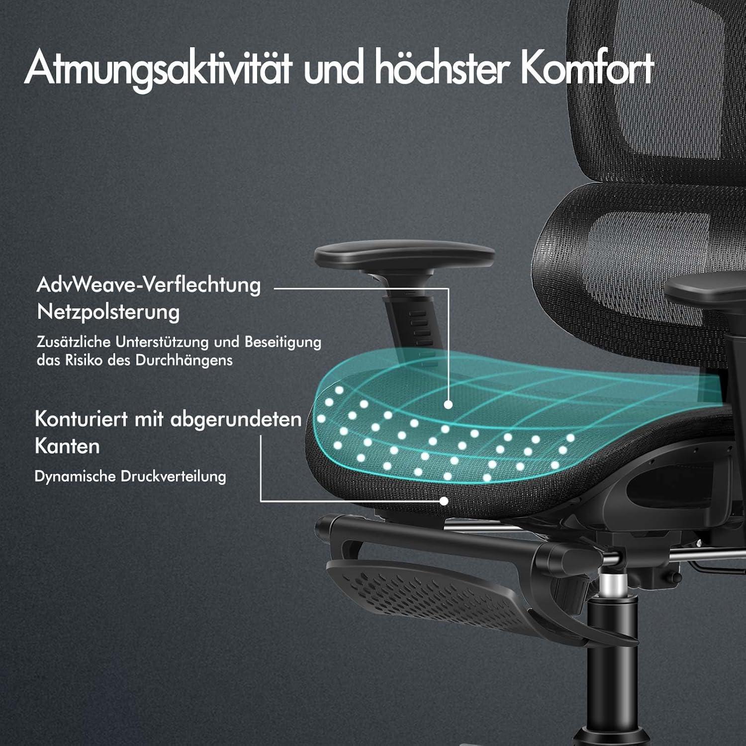 Ergonomischer Bürostuhl mit Lordosenstütze & Kopfstütze, bis 180 kg