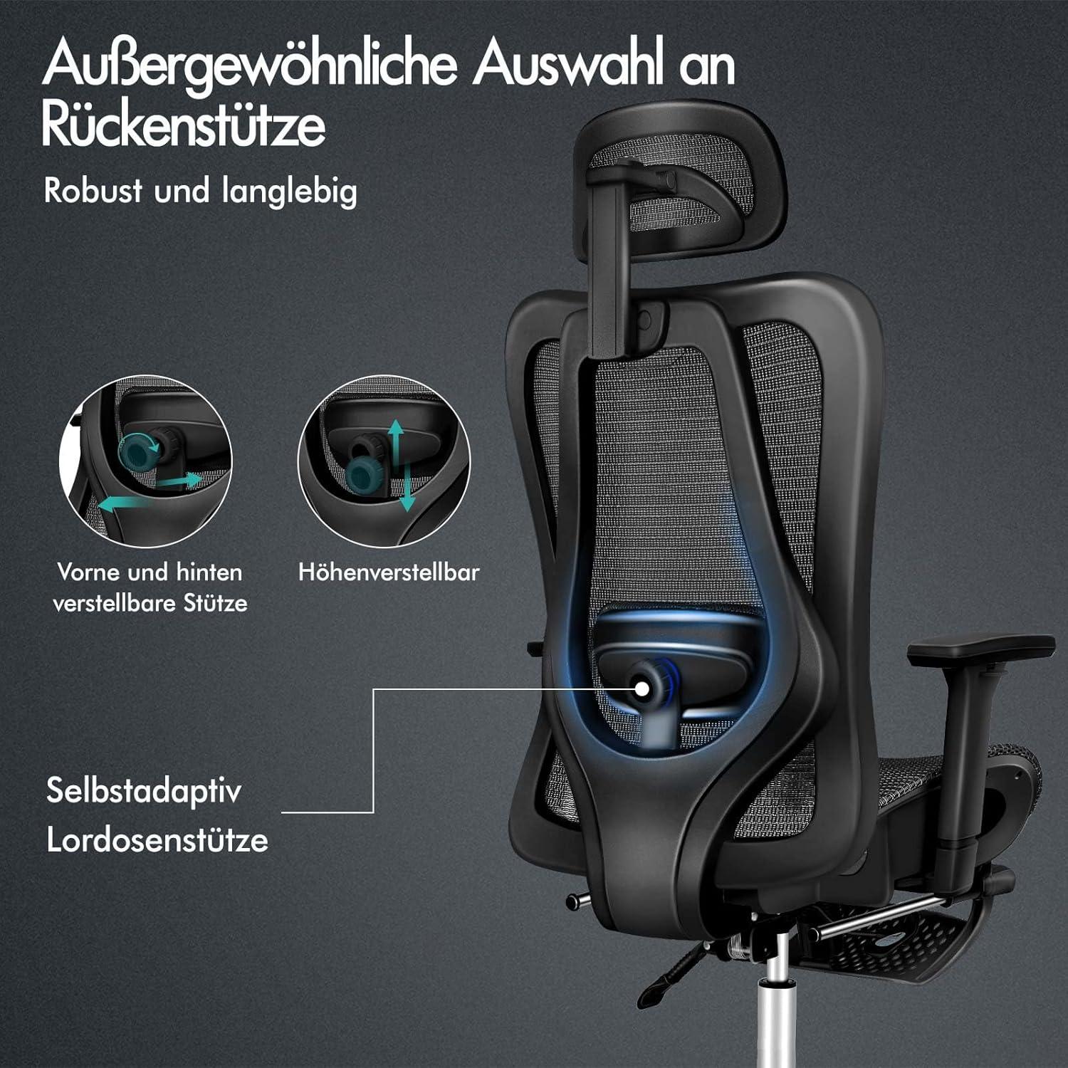 Ergonomischer Bürostuhl mit 3D-Armlehne, Kopfstütze, Wippfunktion