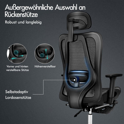 Ergonomischer Bürostuhl mit 3D-Armlehne, Kopfstütze, Wippfunktion