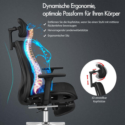 ALFORDSON Ergonomischer Bürostuhl mit 3D-Armlehne, Kopfstütze, Höhenverstellung: Schwarz
