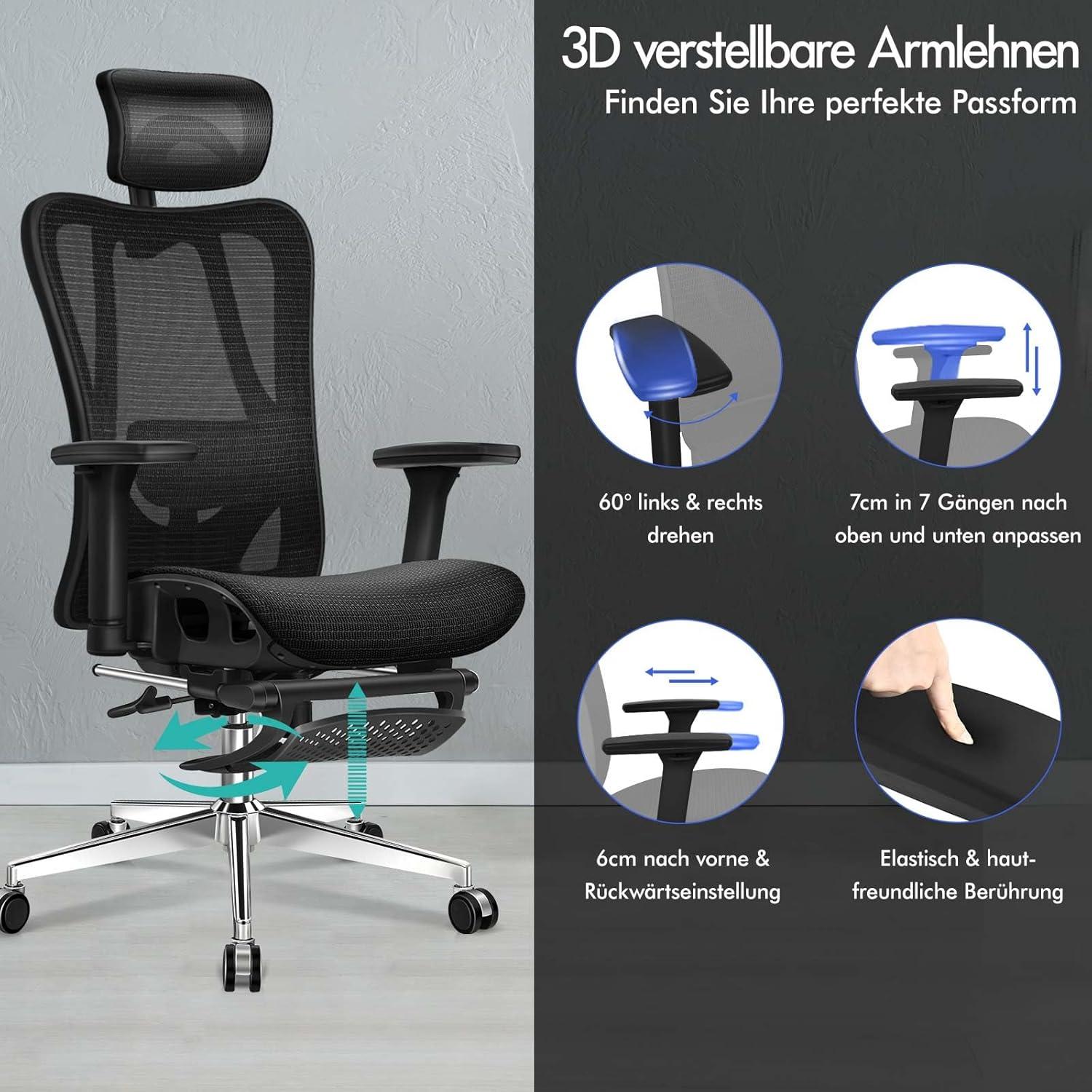 Ergonomischer Bürostuhl Schwarz 3D Armlehne, Kopfstütze, bis 180 kg