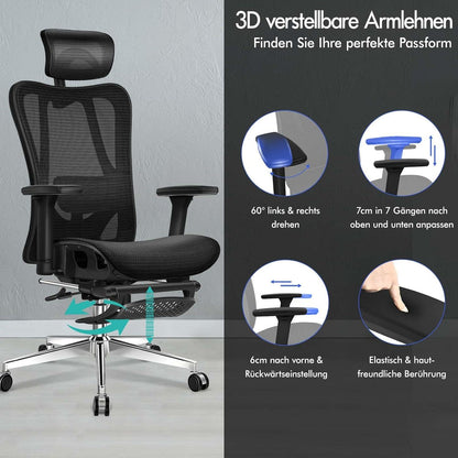 Ergonomischer Bürostuhl Schwarz 3D Armlehne, Kopfstütze, bis 180 kg