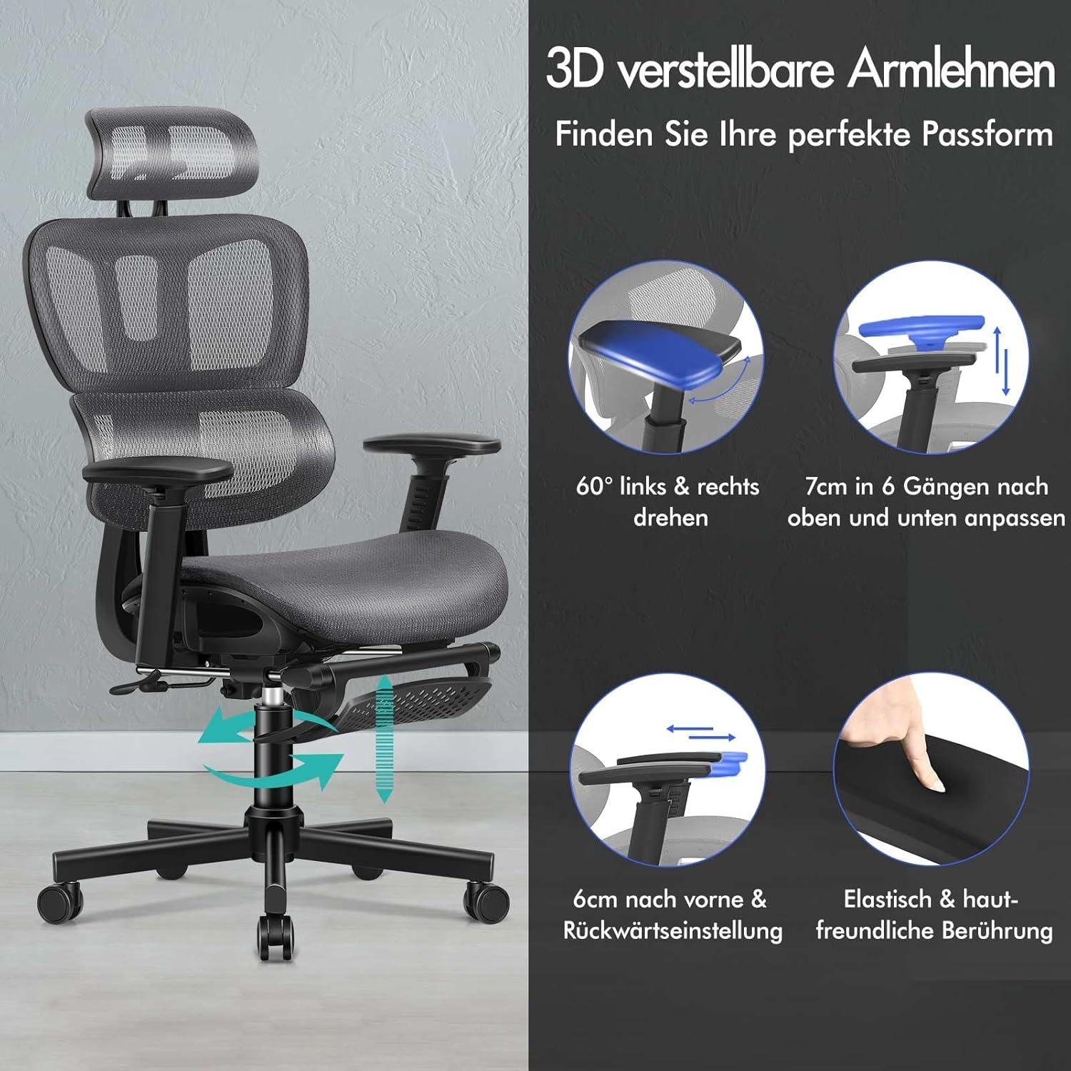 Ergonomischer Bürostuhl mit verstellbarer Lordosenstütze und Kopfstütze - bis