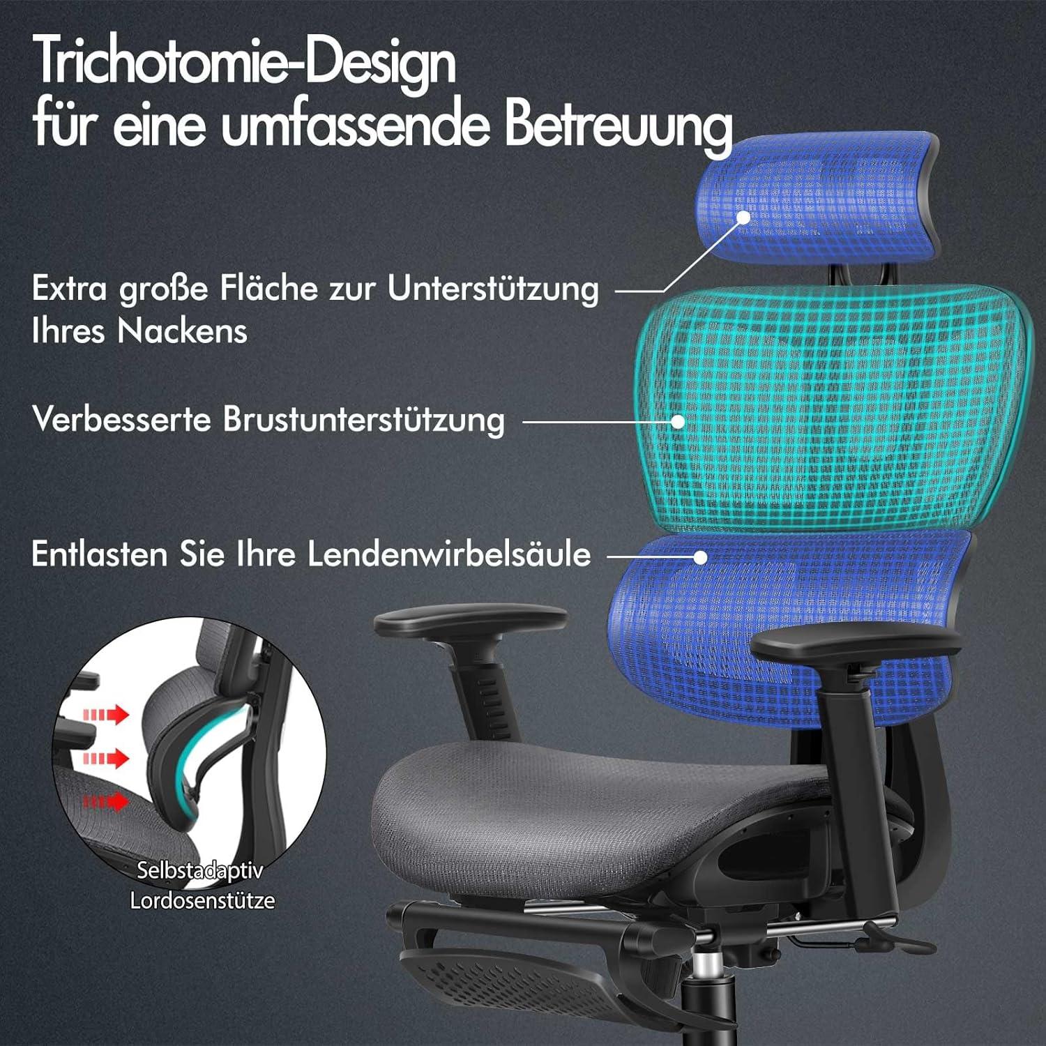 Ergonomischer Bürostuhl mit Kopfstütze und Wippfunktion, bis 180 kg