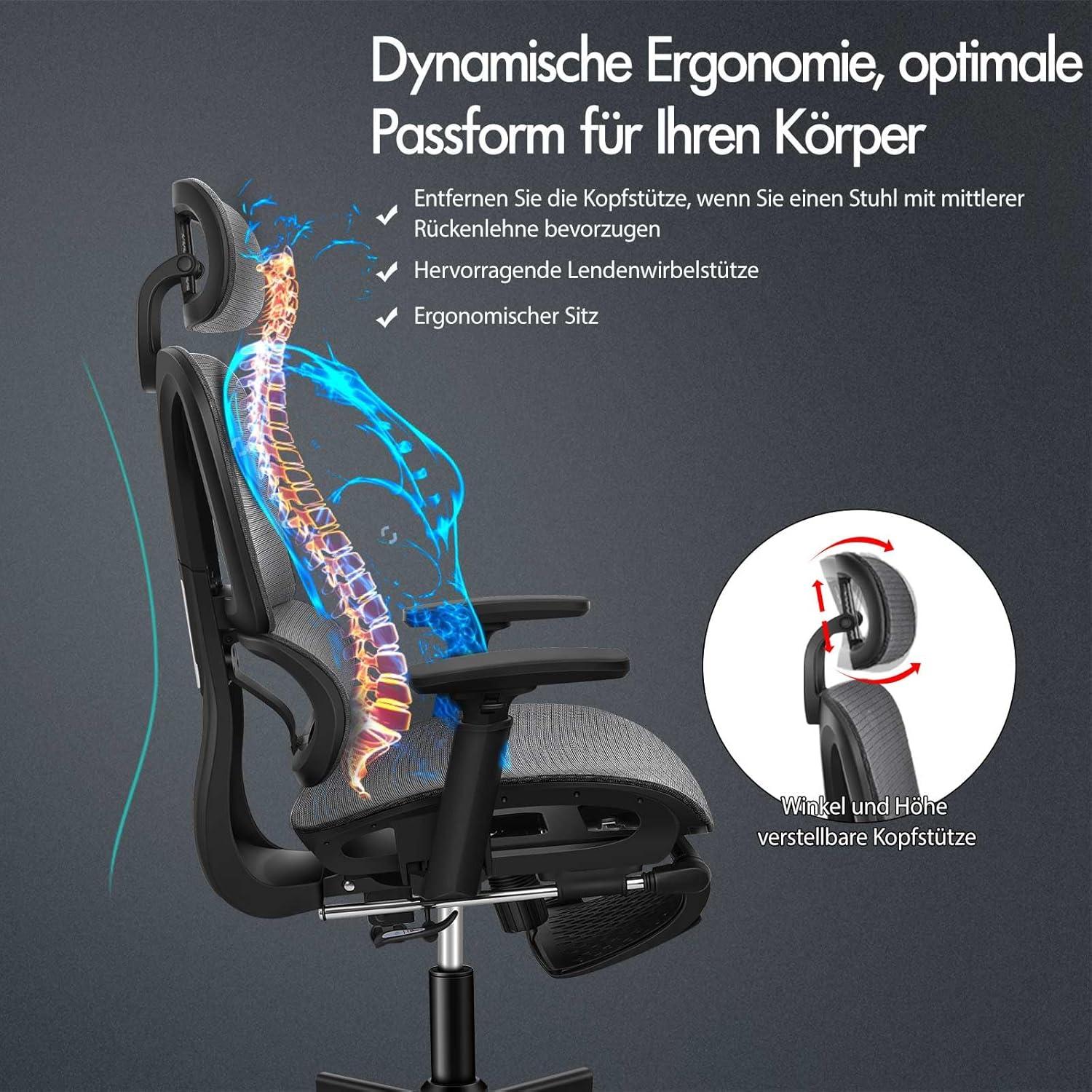 ALFORDSON Bürostuhl Ergonomisch Schreibtischstuhl mit Kopfstütze Höhenverstellbar rückenfreundlich Grau 180kg