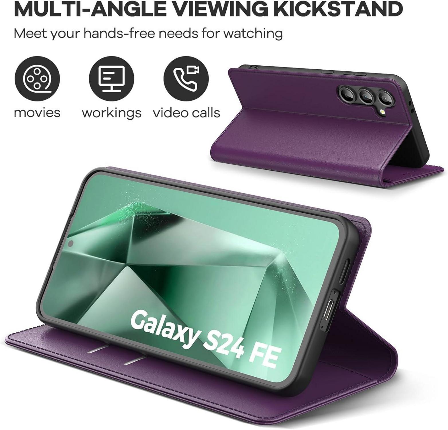 Peakally Samsung Galaxy S24 FE 5G Hülle Dunkellila PU Leder Stand Schutz Flip Case